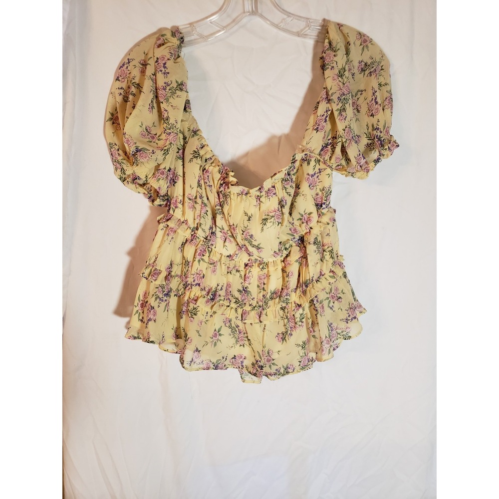 Women's Astr Cropped Ruffled Yellow Floral Blouse Size L